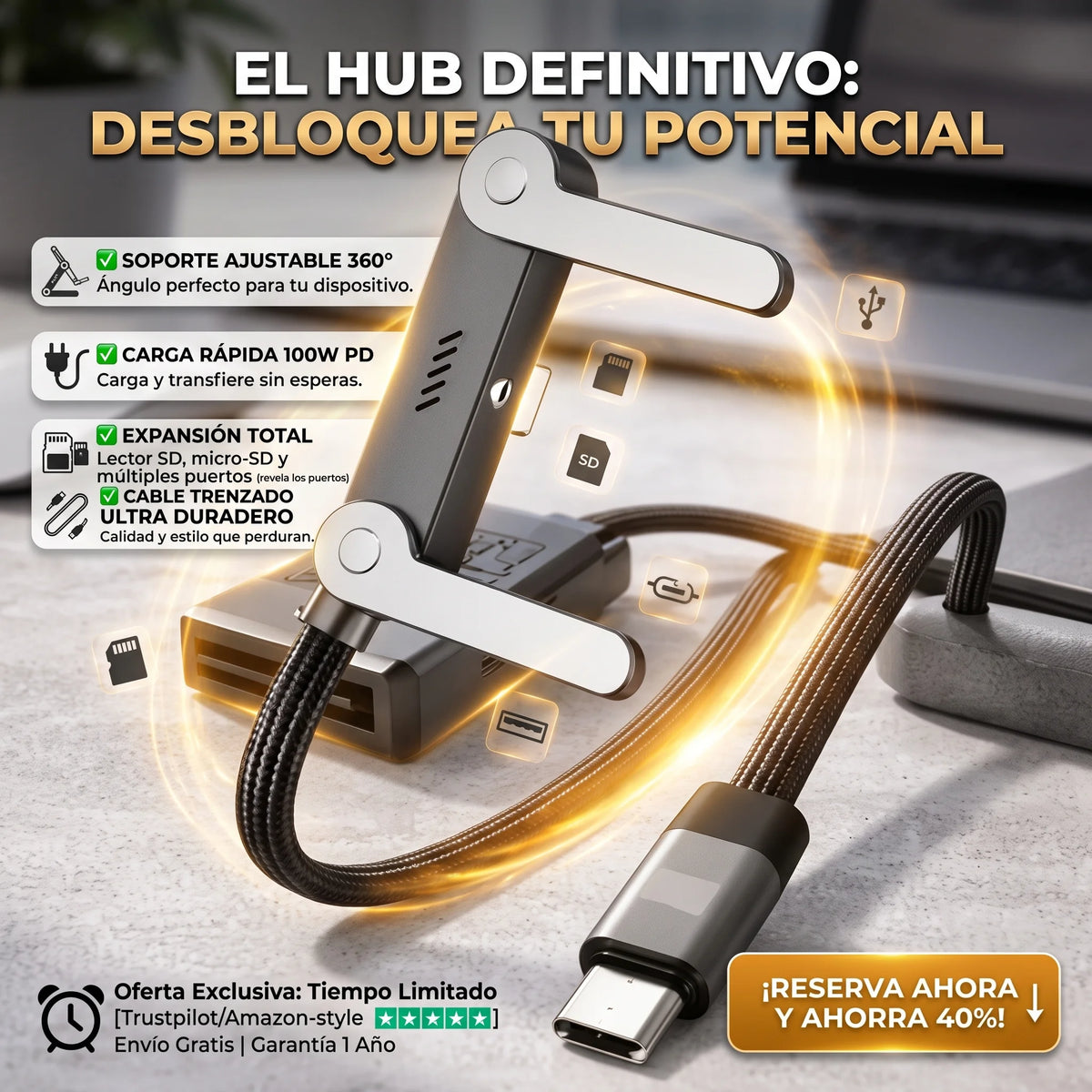 PowerFlex Duo™ | Cable de Carga Rápida Blindado con Soporte Articulado Integrado (Pack x2)