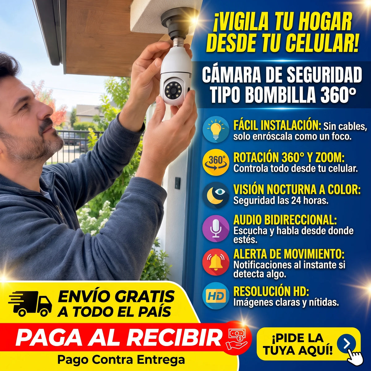 LumiCam 360° Vision Pro - Cámara de Seguridad con forma de Foco + App