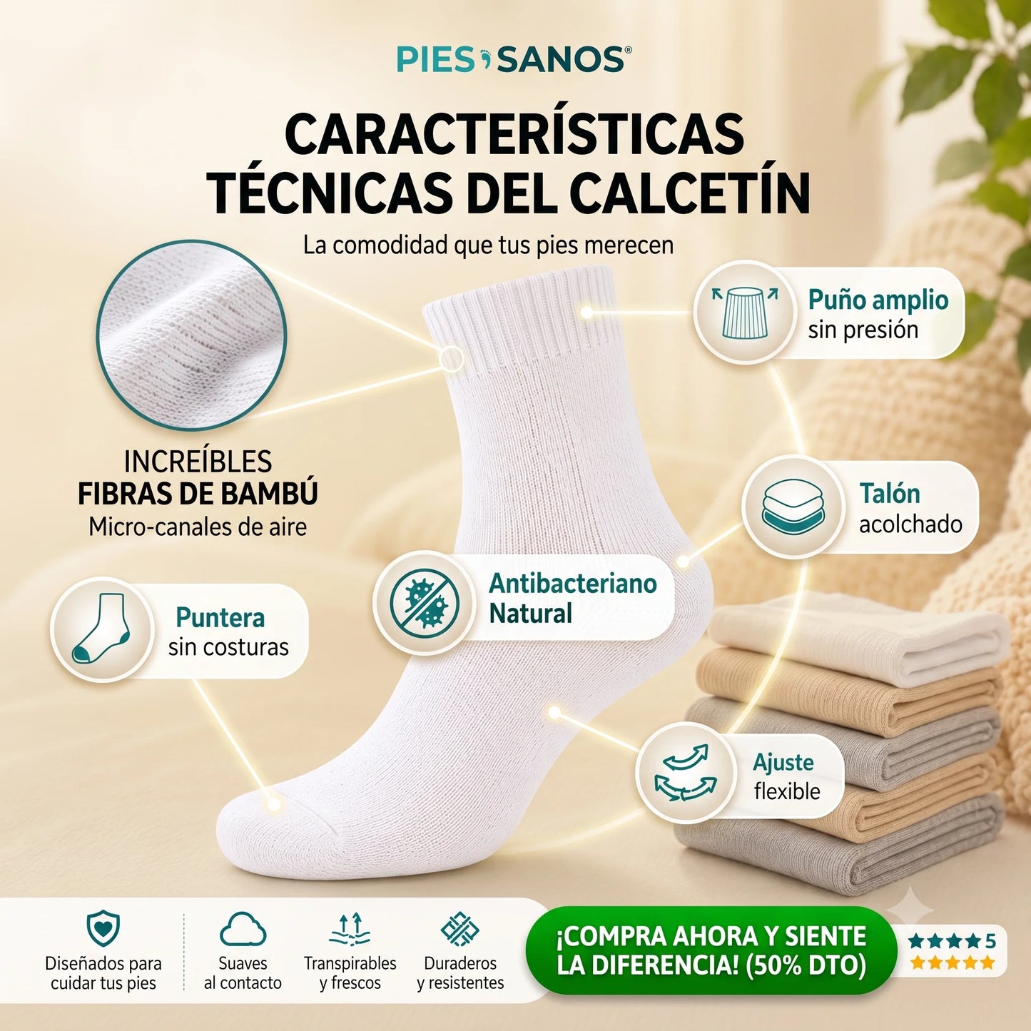 Pies Sanos™ UltraConfort – Pack 12 Pares de Calcetines para Pies Sensibles