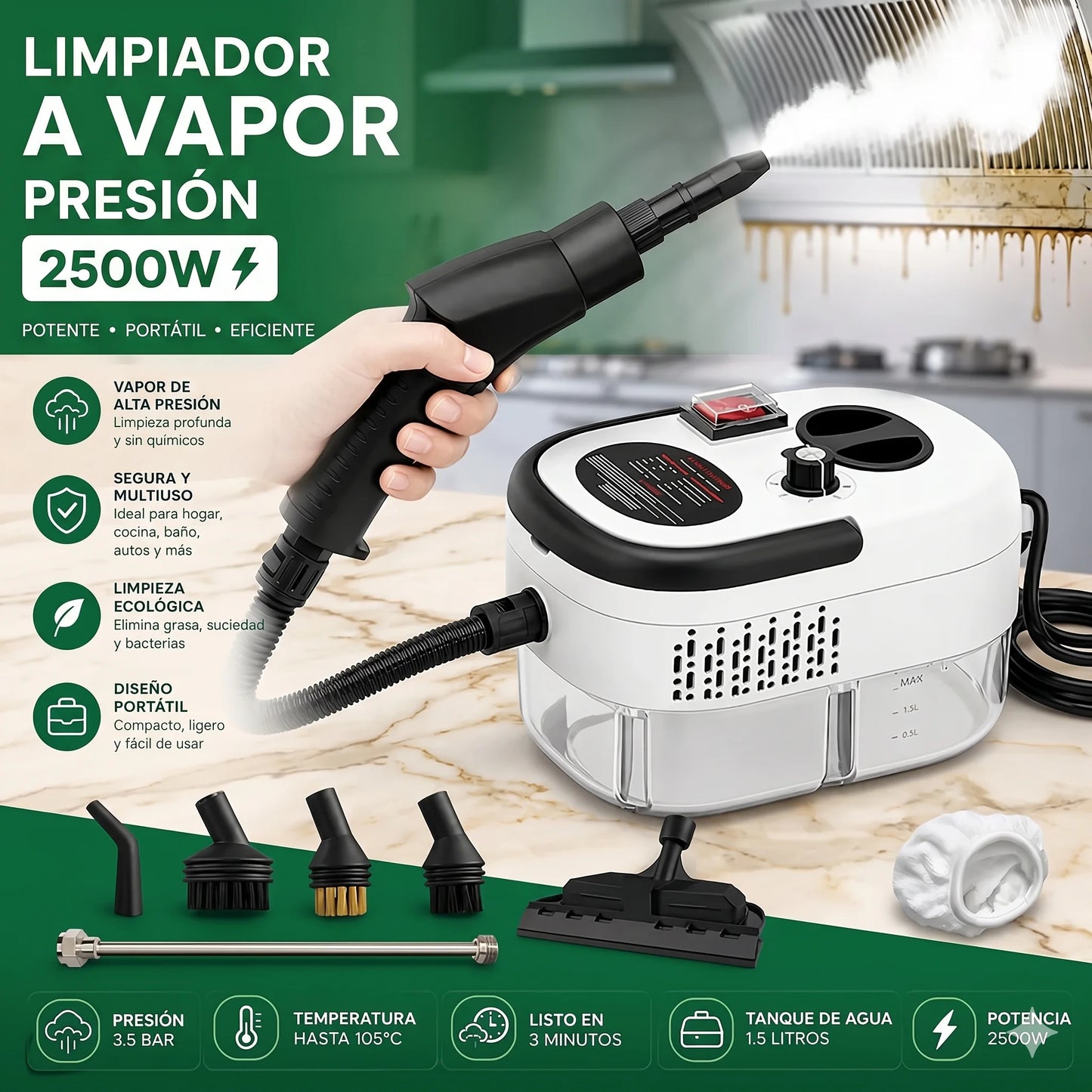 Limpiador a Vapor 2500 W Portátil