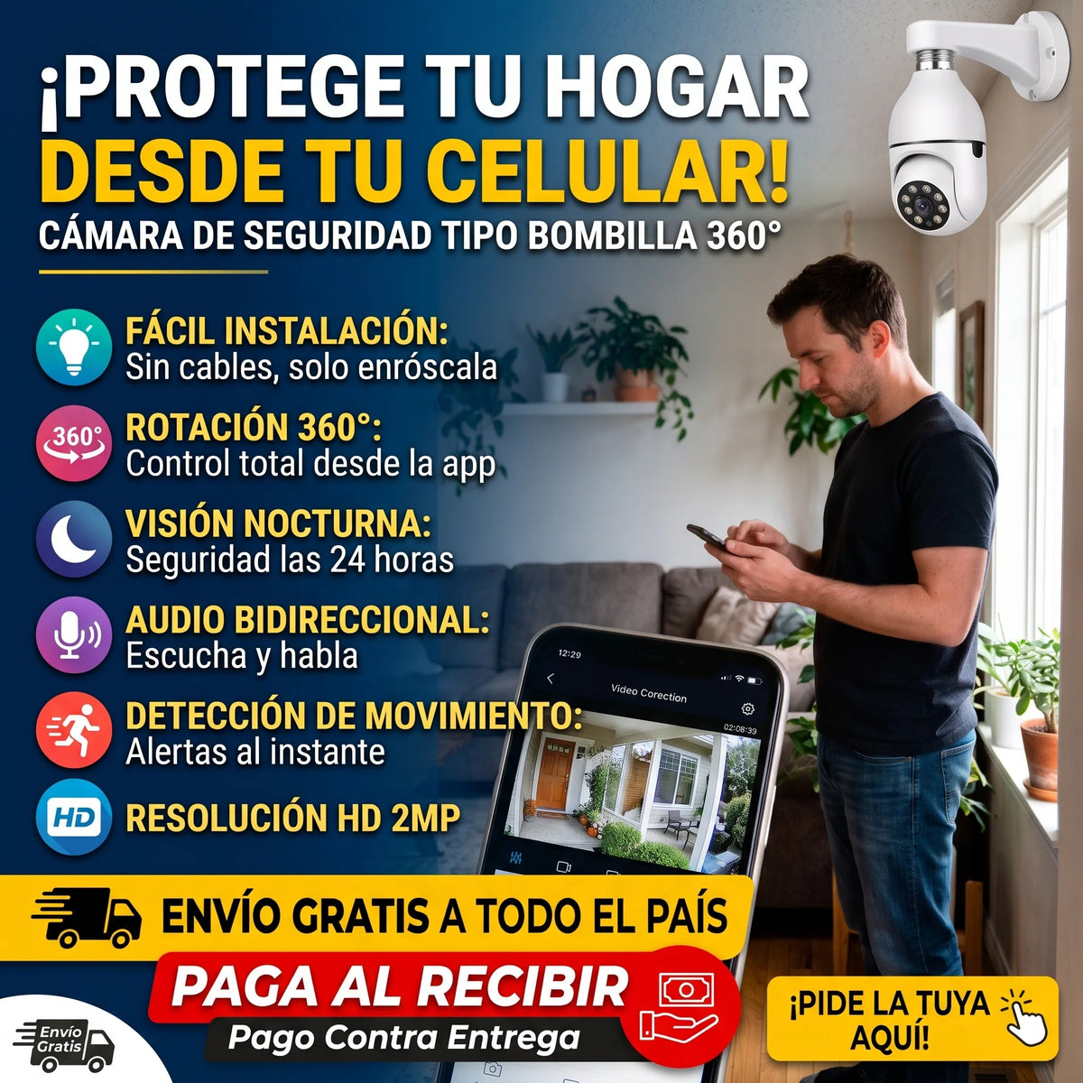 LumiCam 360° Vision Pro - Cámara de Seguridad con forma de Foco + App