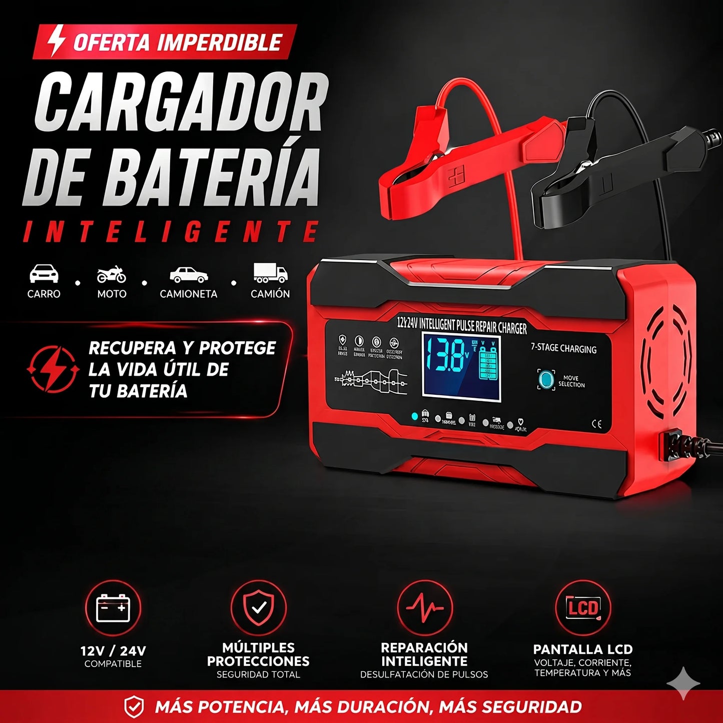 Cargador de Baterías para Auto / Moto / Camioneta