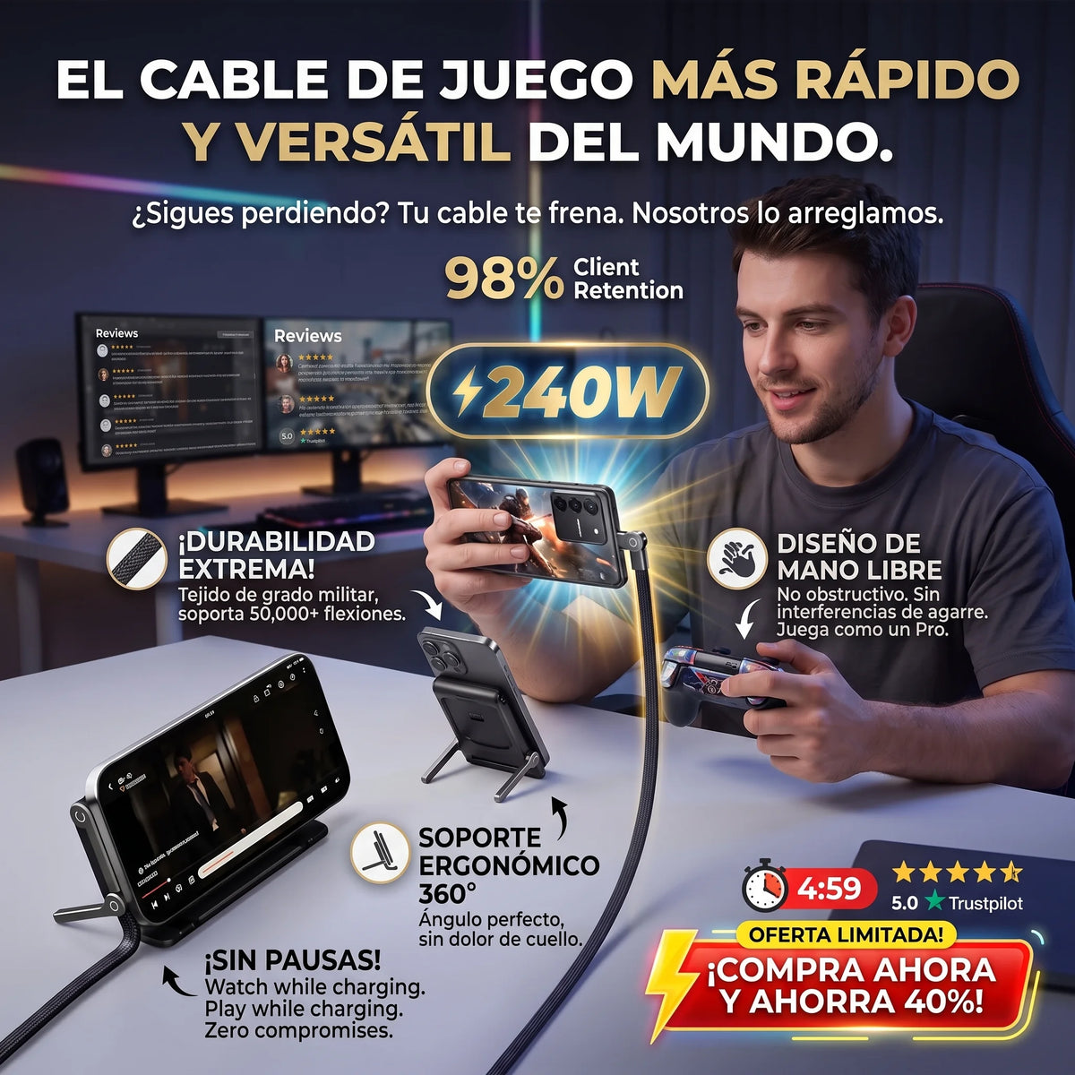 PowerFlex Duo™ | Cable de Carga Rápida Blindado con Soporte Articulado Integrado (Pack x2)