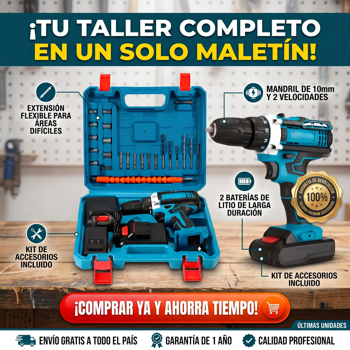 Taladro Inalámbrico + 2 Bat + Accesorios