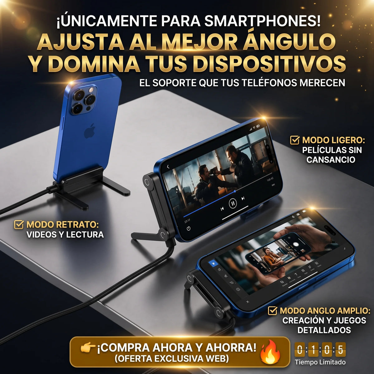 PowerFlex Duo™ | Cable de Carga Rápida Blindado con Soporte Articulado Integrado (Pack x2)