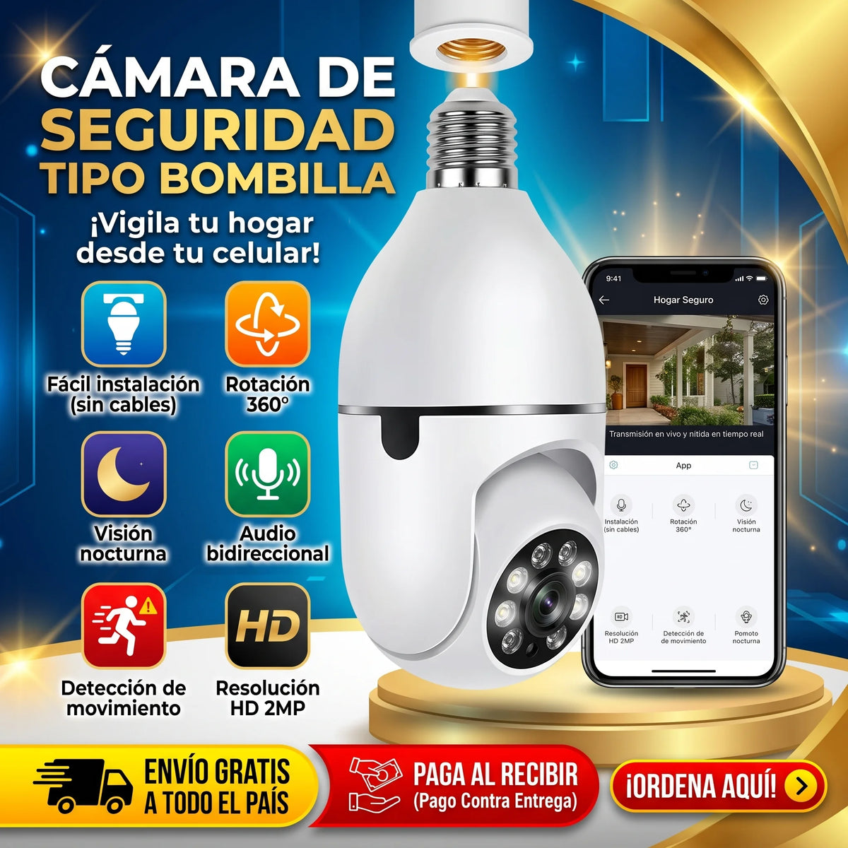 LumiCam 360° Vision Pro - Cámara de Seguridad con forma de Foco + App